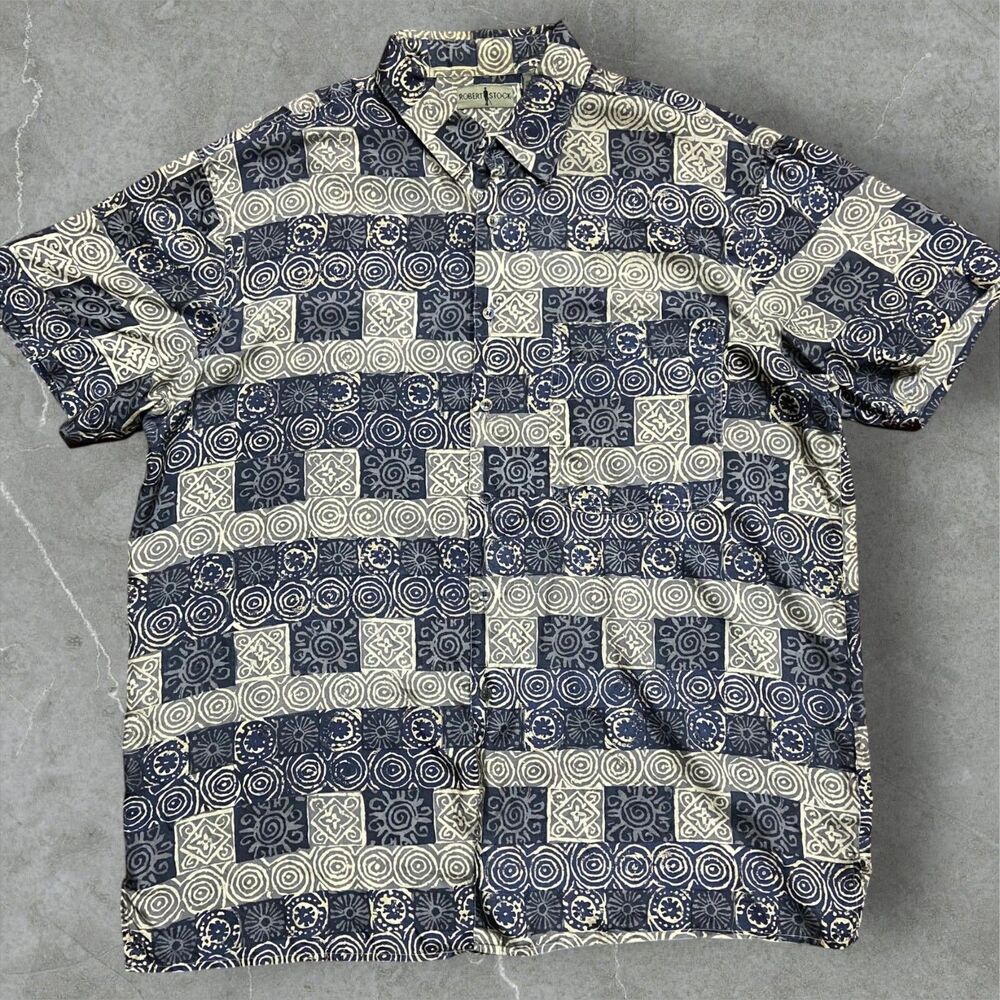 Robert Stock Vintage 90s Geometric Navy Cream Silk Button Up Shirt Men's Size XL